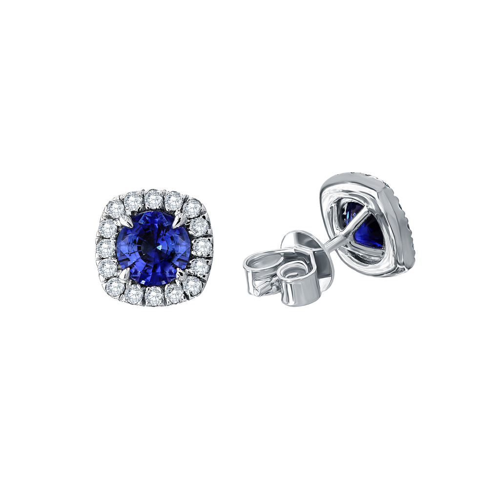 Sabel Collection White Gold Cushion Blue Sapphire and Diamond Halo Earrings